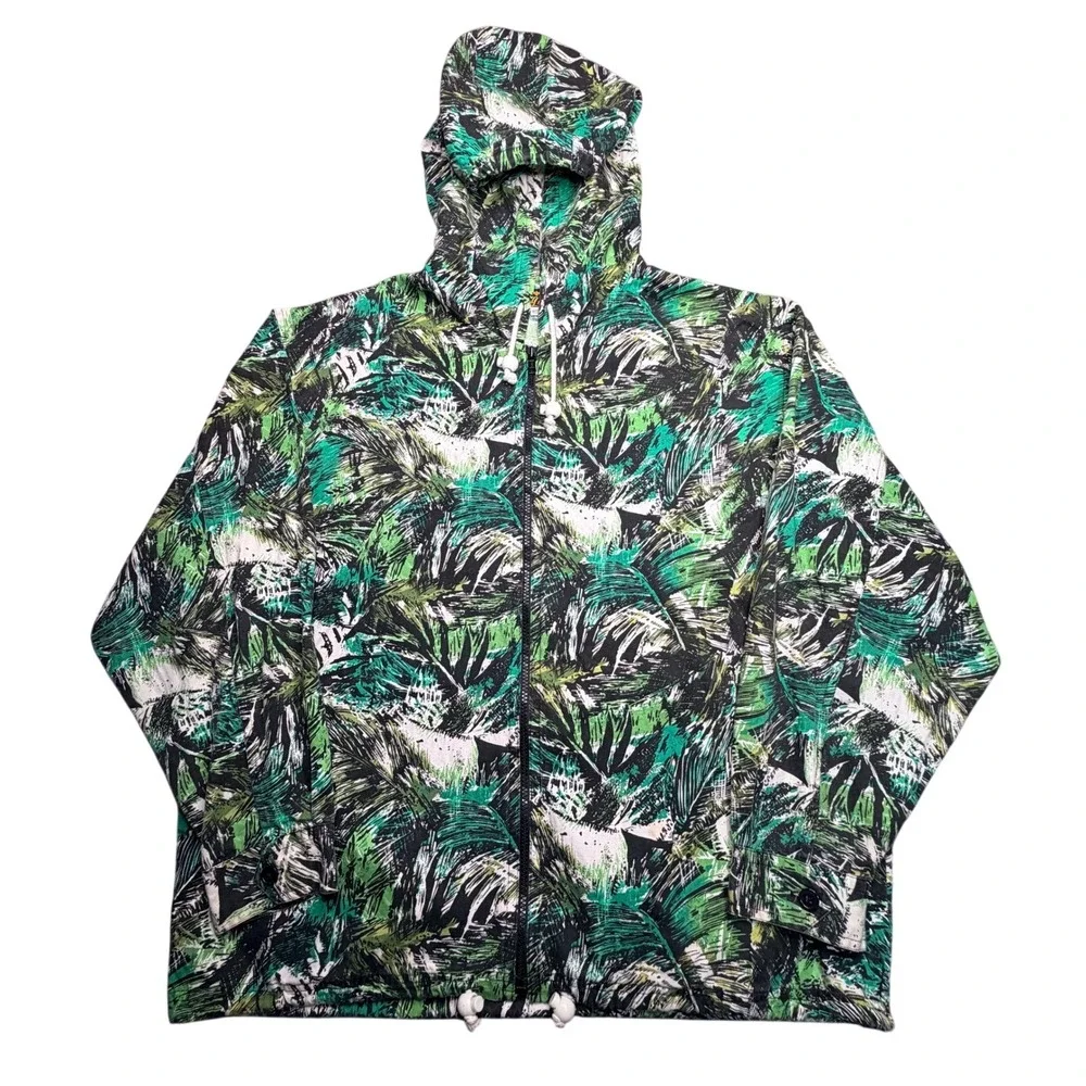 Vtg 80s Surf Jacket Mens L Green Tropical Palm Leaf Print Full Zip Japanese Hood